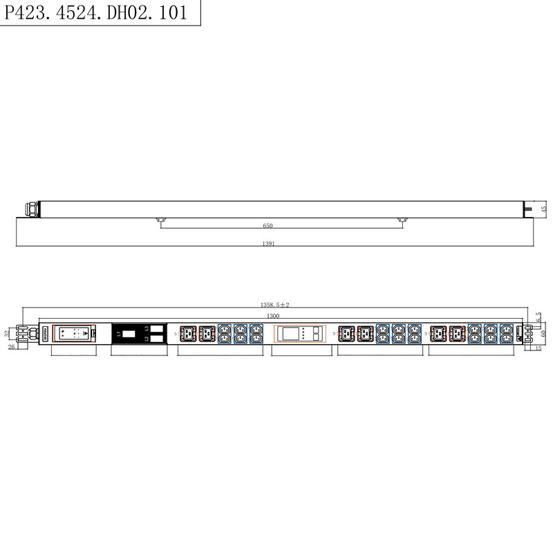 24 Asraonta 3 phas IEC C13 & C19 Soicéid inghlasáilte 1.5U Briste Ciorcad Maighnéadach Leachtach Ingearach Te inmhalartaithe RS485 Méadraithe Raca PDU